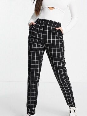 ASOS Design Tall Smart Tapered Mono Check Black White High Waist Pants Trousers